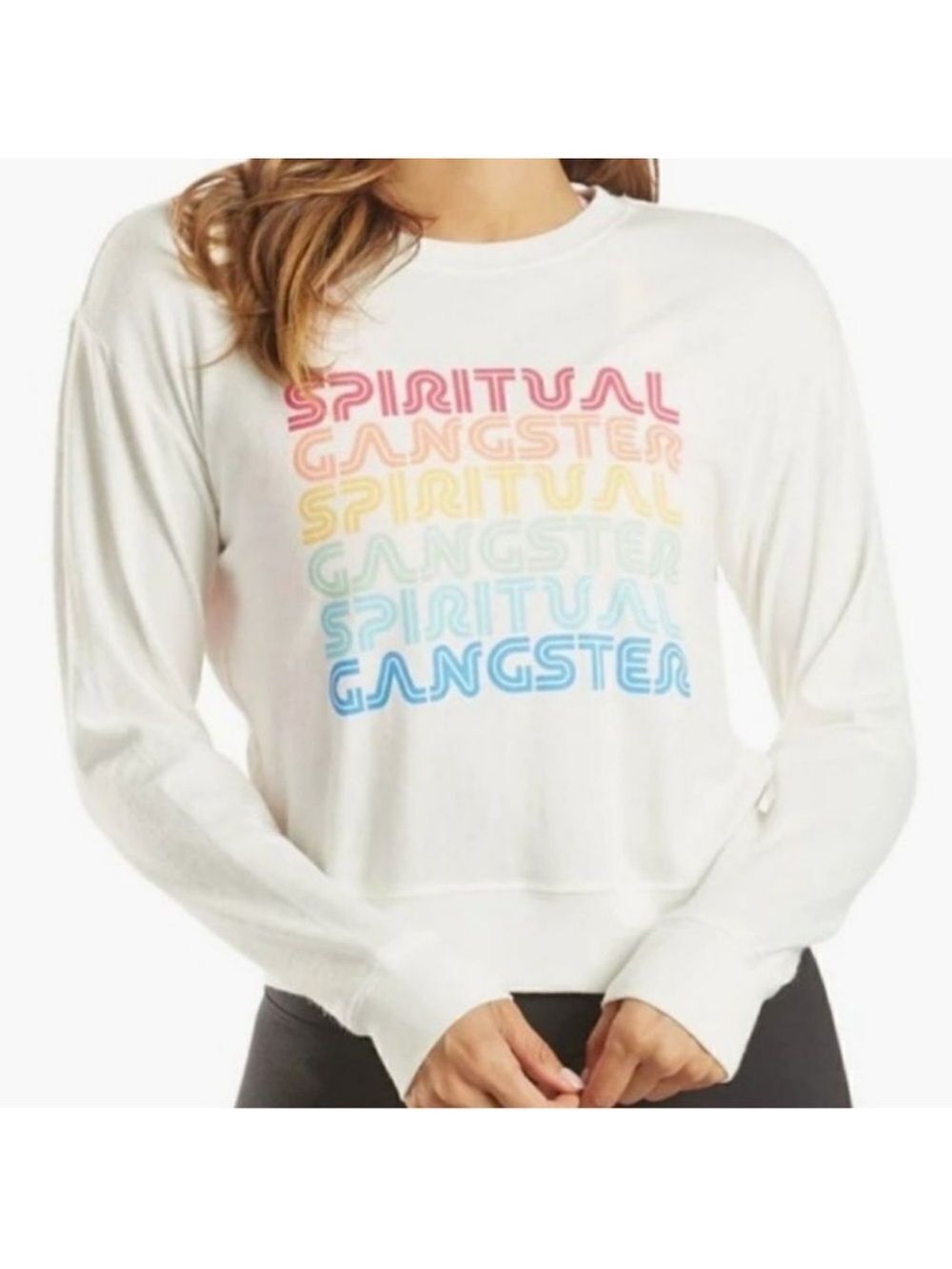 Spiritual Gangster L Savasana Crewneck Soft White Rainbow Lettering Pullover